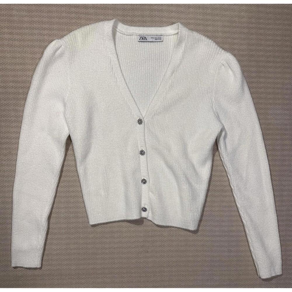 ZARA Ribbed Knit Button Cardigan Sweater White V-Neck Long Sleeve XL